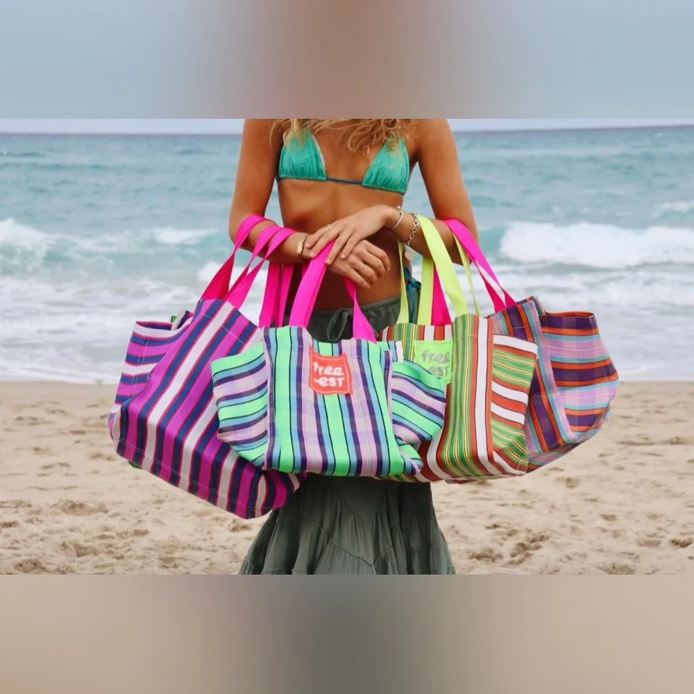 Free People free-est Boho Striped Beach Tote Bag Pink Blue OS - Picture 4 of 7